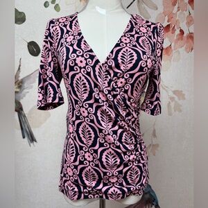Boden Pink and Navy Floral Wrap Women's Blouse